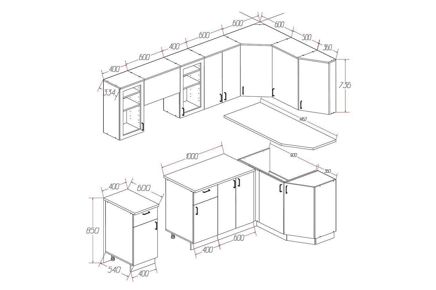 размер дверцы углового шкафа кухни