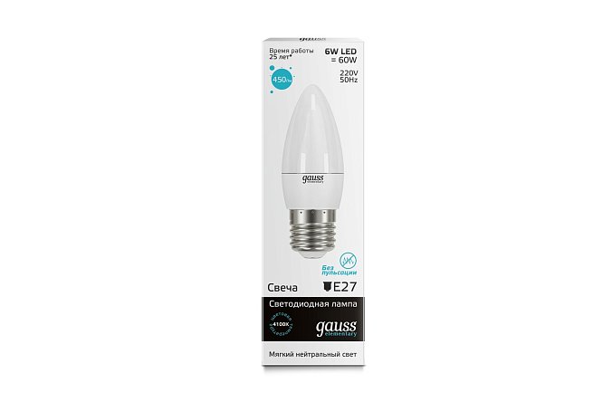 Лампа светодиодная Gauss Elementary Свеча 420lm E27, 6W, Свеча, 4100 К, Холодный