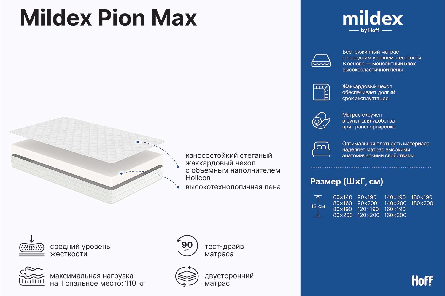 Матрас беспружинный MILDEX Pion Max 80х160 см