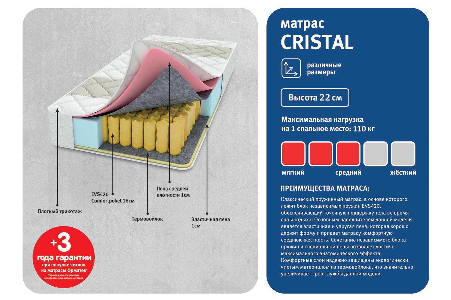 Матрас Hoff Cristal 90x200 ортопедический пружинный