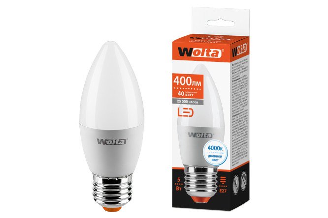 Изображение товара Лампа светодиодная Wolta 25SC5E27 E27, 5W, Свеча, 4000 К, Естественный