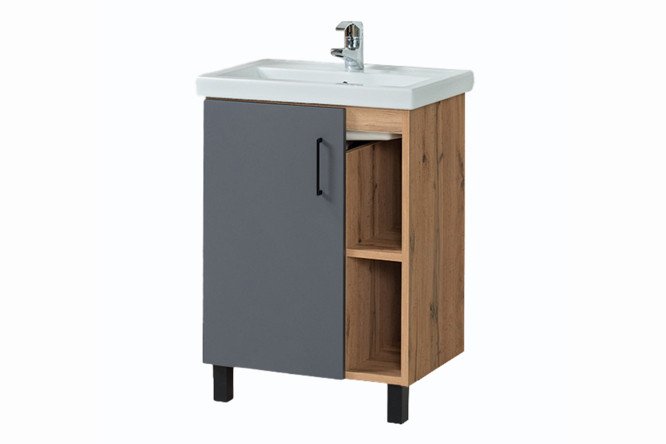 Изображение товара Тумба напольная АКВАЛЬ Лофт 57 см, цвет каркаса дуб крафт золотой, фасада серый