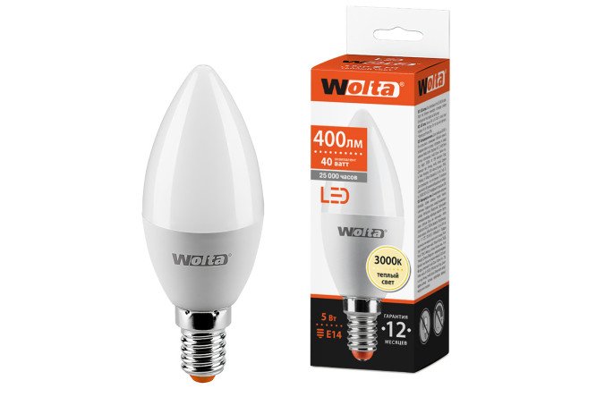 Изображение товара Лампа светодиодная Wolta 25YC5E14 E14, 5W, Свеча, 3000 К, Тёплый