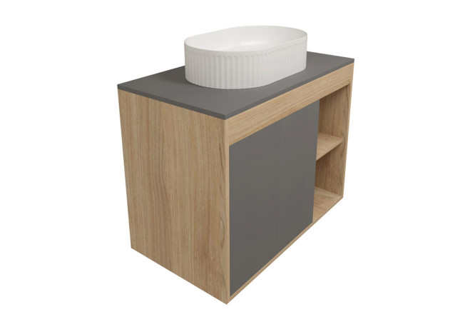 Изображение товара Подвесная тумба Teymi 60 см с раковиной из санфарфора, цвет дуб эврика, графит матовый