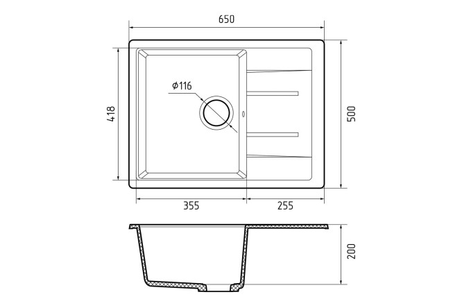 Мойка врезная с крылом GRANFEST Quadro GF-Q-650L 65х50х20 см
