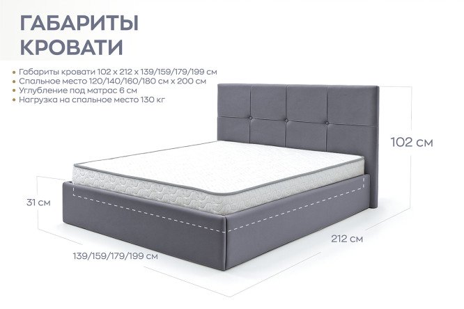 Кровать с подъёмным механизмом Veronica цвет тёмно-серый 140х200 см