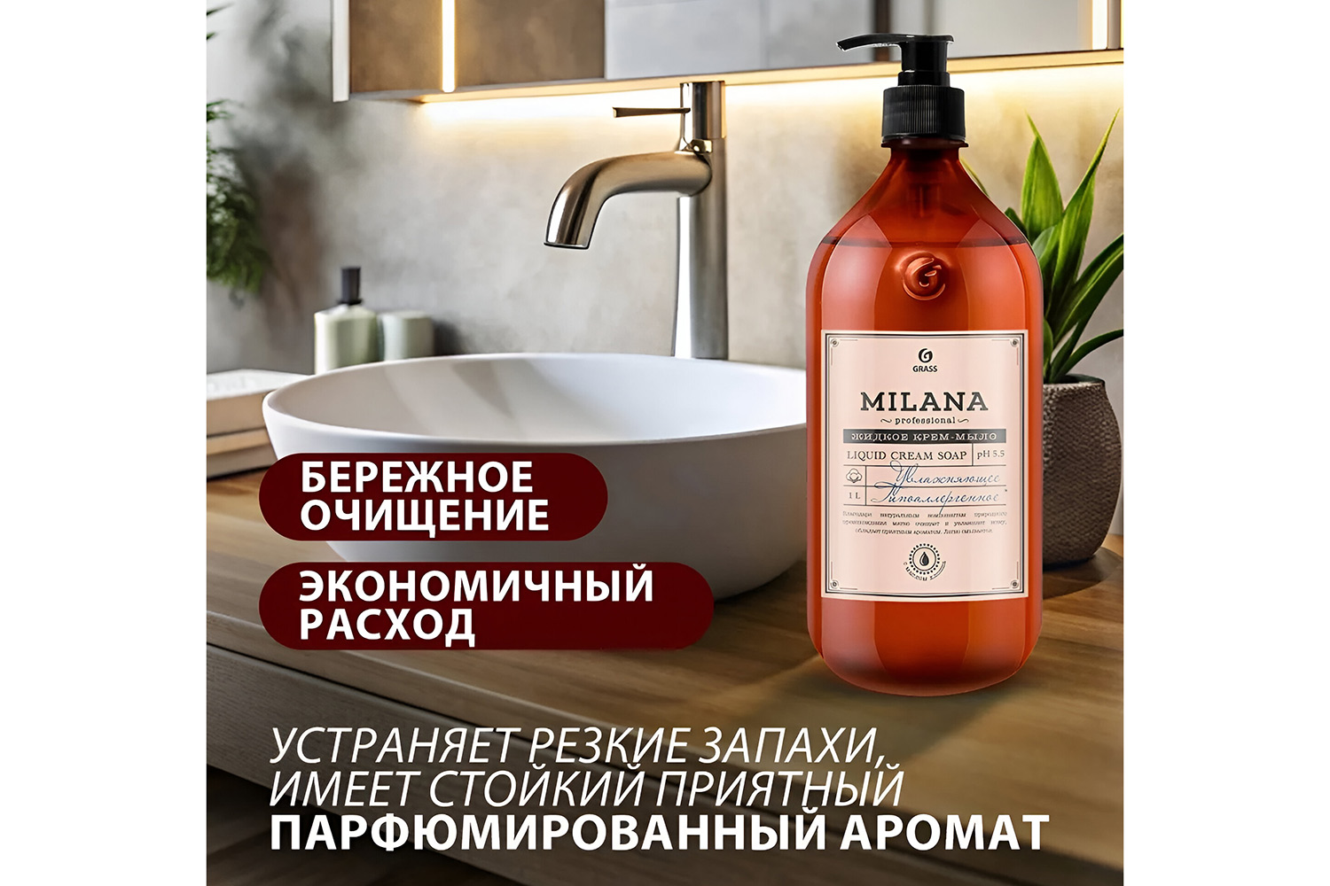 Крем-мыло для рук и тела GRASS Milana Professional увлажняющее 1000 мл