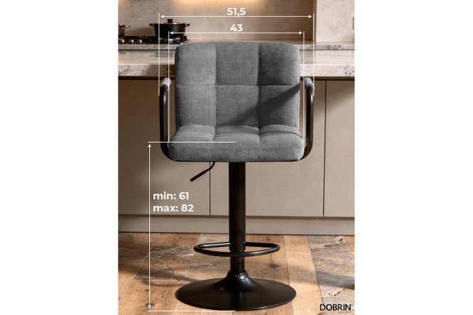 Барный стул DOBRIN Kruger Arm Black с подлокотниками 51х92х49 см, цвет обивки серый, ножек чёрный