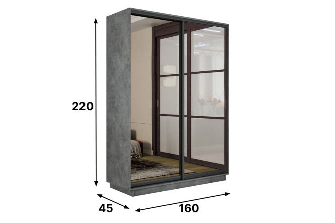 Шкаф-купе 2-дверный Slide-2 v.2 160х220х45 см, бетон/чёрный профиль, с двумя зеркалами