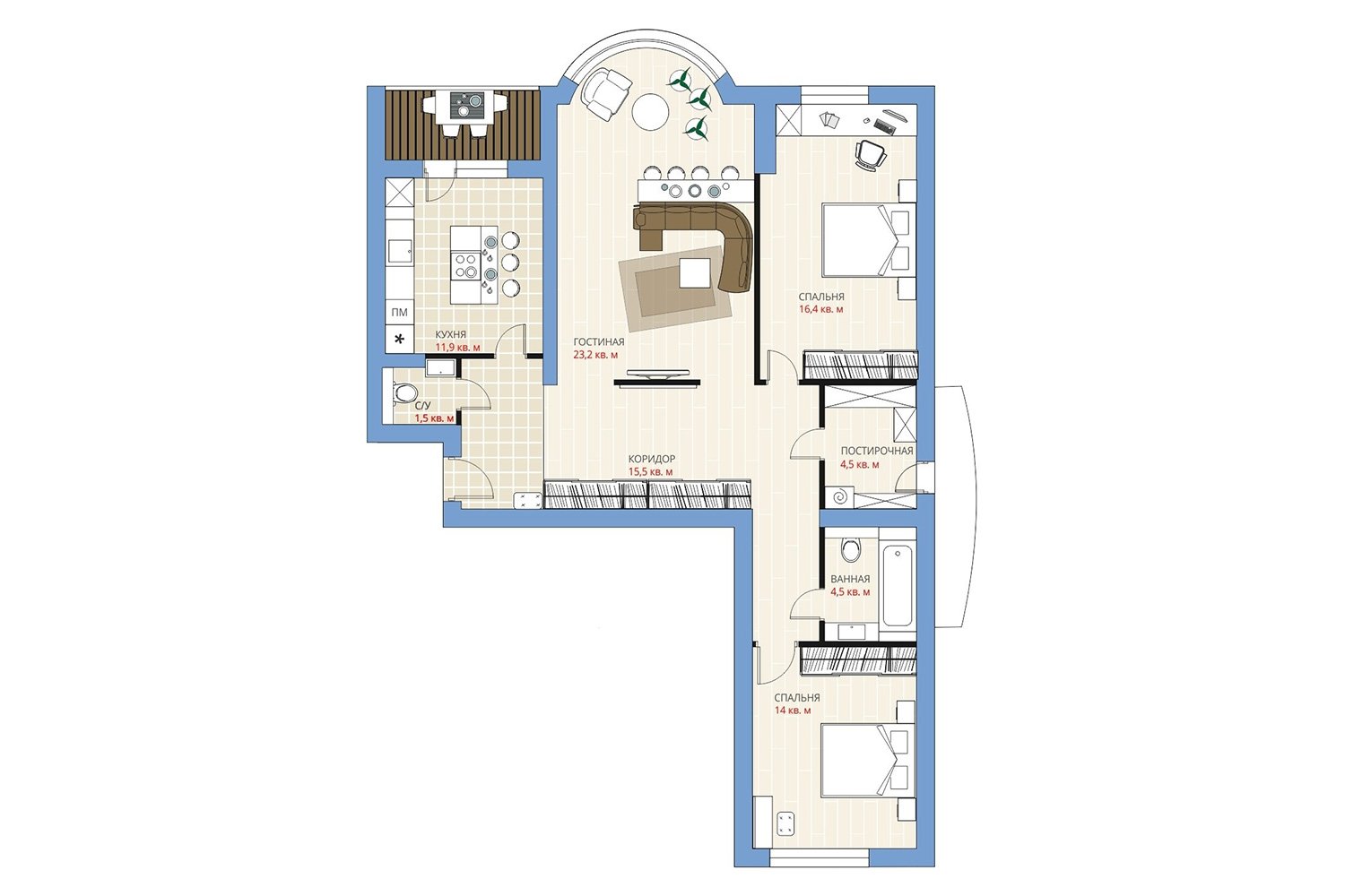 Дизайн 3 х комнатной квартиры и 155
