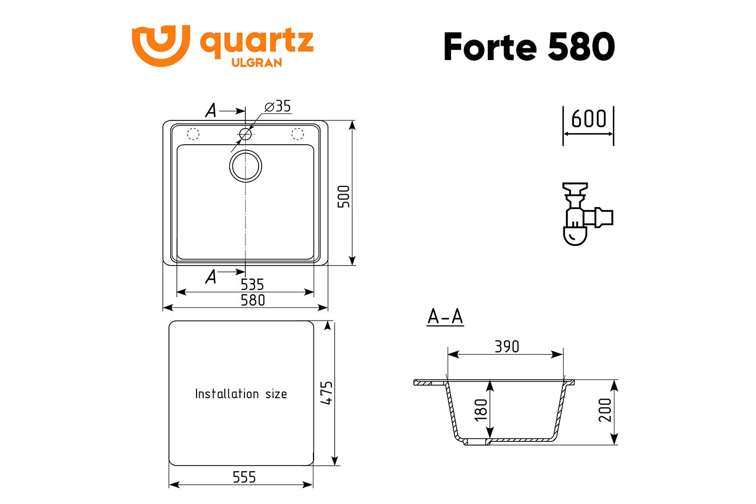 Мойка ULGRAN Quartz Forte 580-01 50х58х20 см