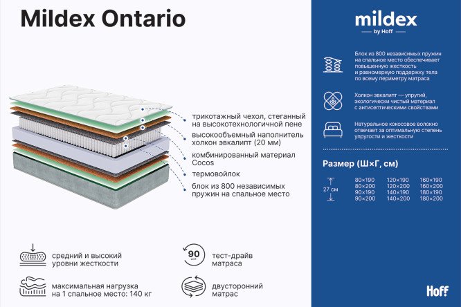 Матрас пружинный MILDEX Ontario 80х200 см