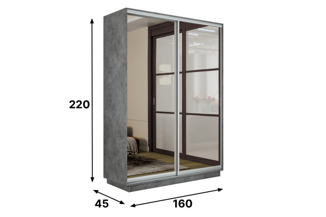 Шкаф-купе 2-дверный Slide-2 v.2 160х220х45 см, бетон/серебро, с двумя зеркалами