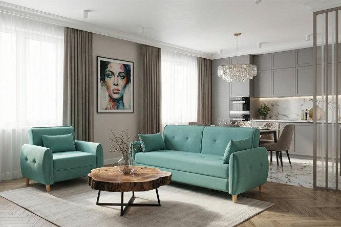 Изображение товара Комплект диван и кресло-кровать Белла фисташковый стильный и удобный