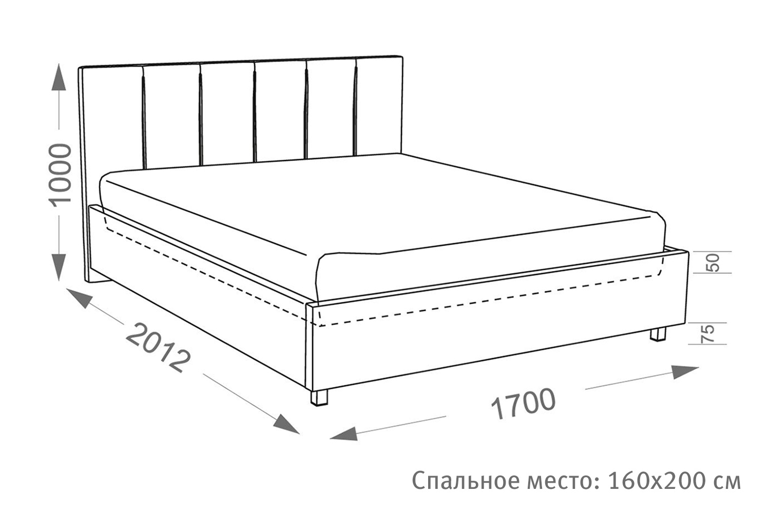 чертеж двуспальной кровати с подъемным механизмом с размерами