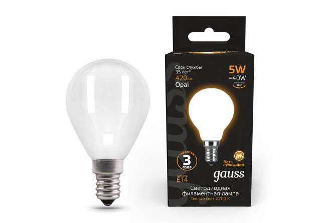 Лампа светодиодная Gauss Filament E14, 5W, Шар, Тёплый