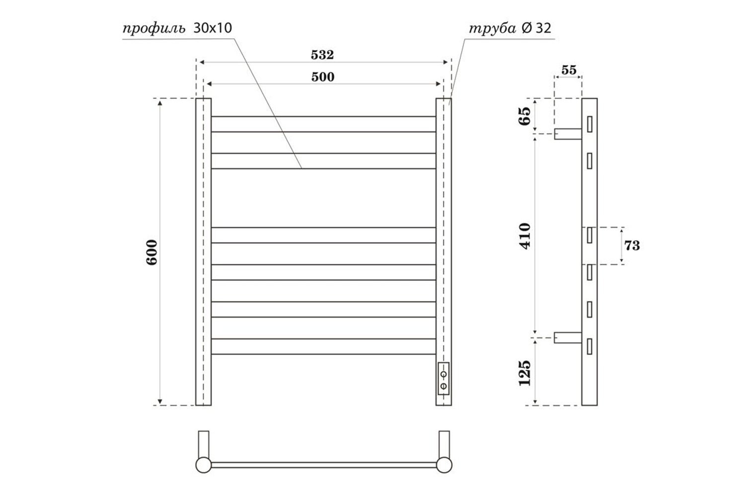 Полотенцесушитель электрический POINT Селена П6, черный PN16856B 53.2х60 см