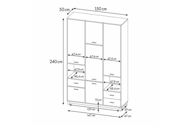 Шкаф трёхсекционный Mirum 150х240х50 см