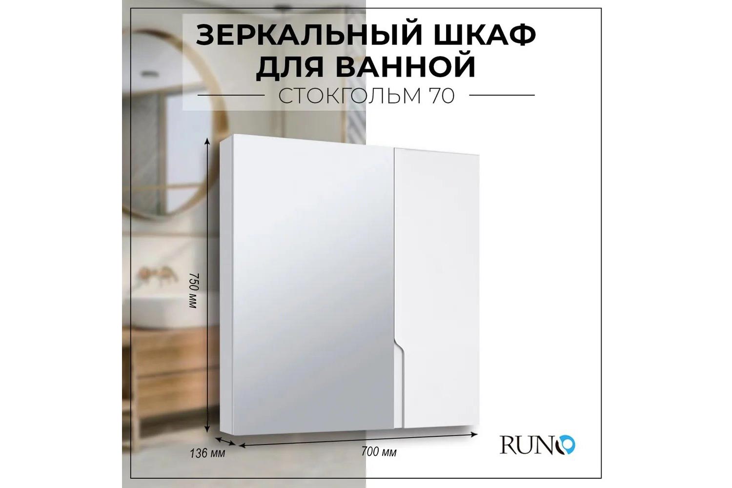 Шкаф-зеркало RUNO Стокгольм 70, белый 70х75х24 см, Правый