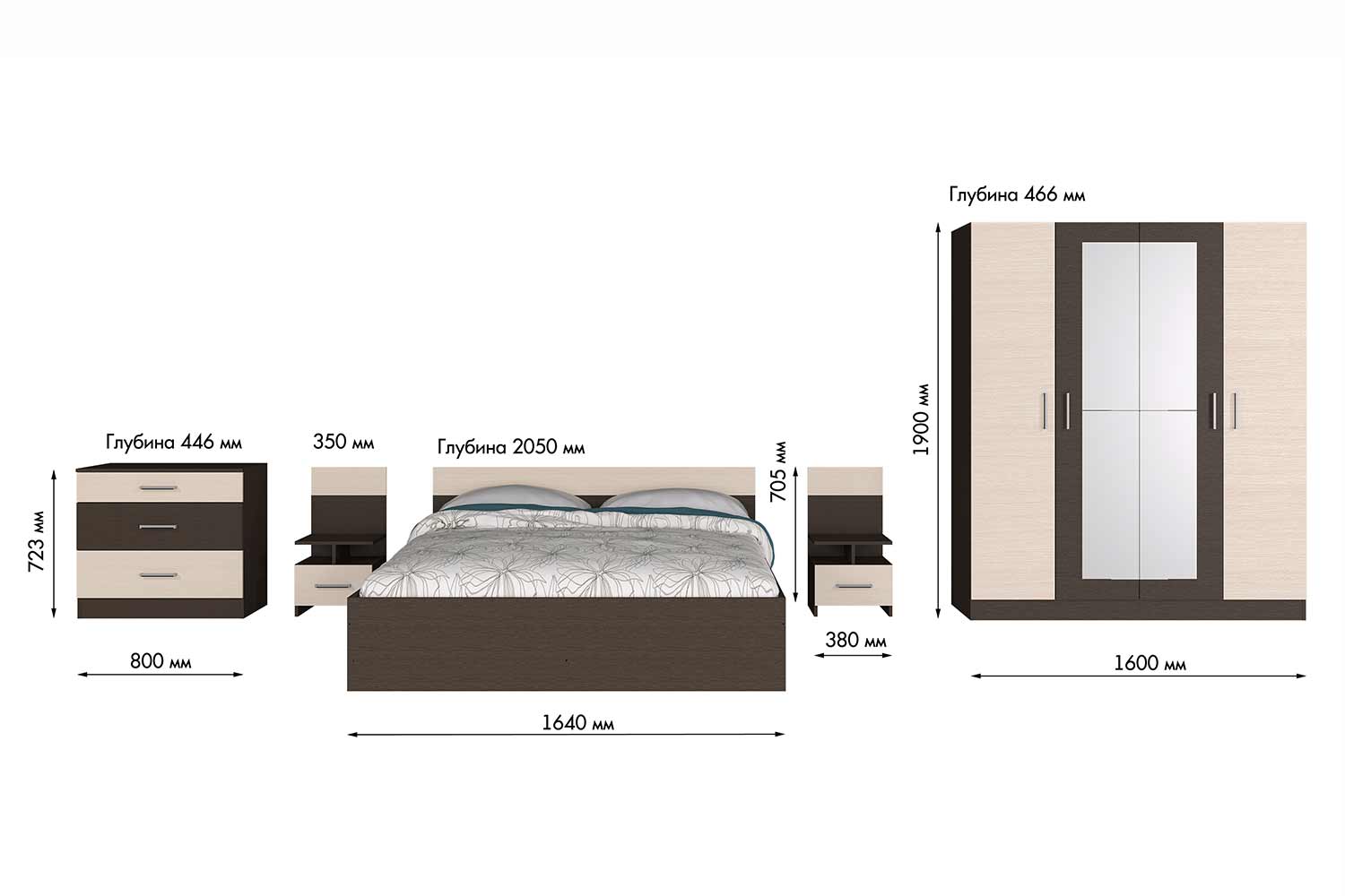 Размеры спального гарнитура с тумбами