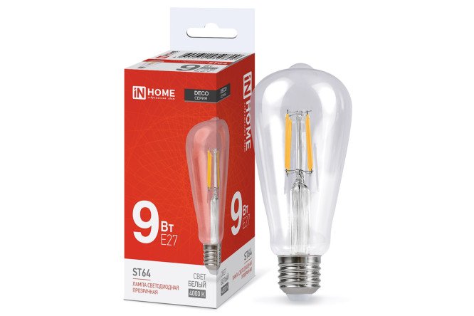 Изображение товара Лампа светодиодная IN HOME Deco LED-ST64-deco E27, 9W, Груша, 4000 К, Естественный