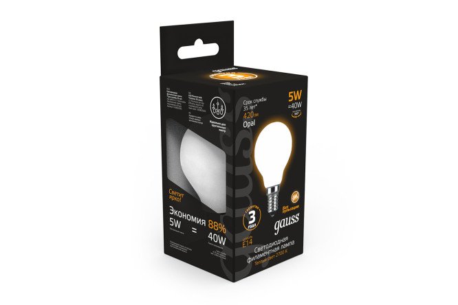 Лампа светодиодная Gauss Filament E14, 5W, Шар, Тёплый