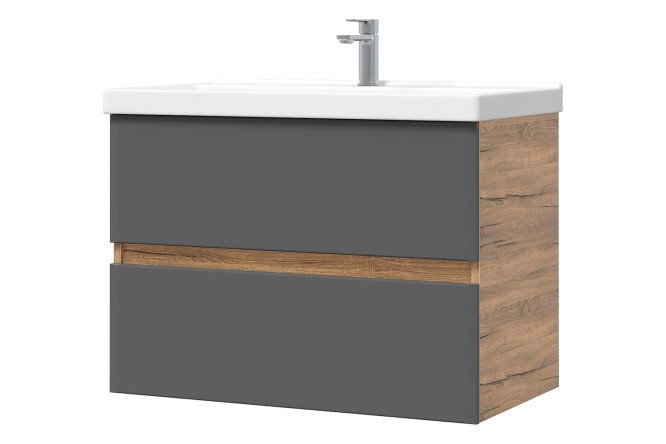 Изображение товара Тумба подвесная Sanstar Graffa 80 см с раковиной графит софт и дуб Вотан