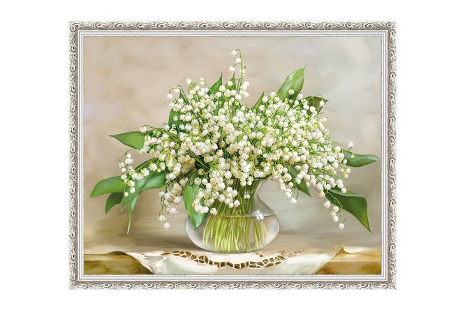 Изображение товара Репродукция в раме Ландыши в хрустальной вазочке 47х57 см