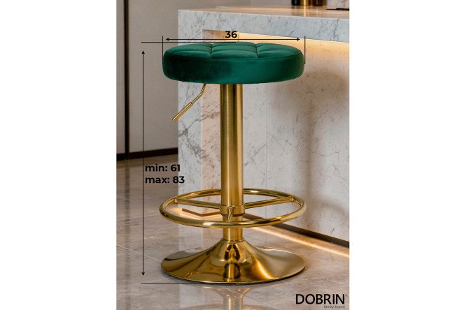 Барный табурет DOBRIN Bruno Gold  38.5х61х38.5 см, цвет обивки зелёный, ножек золотой