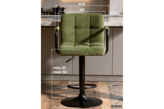 Барный стул DOBRIN Kruger Arm Black с подлокотниками 51х92х49 см, цвет обивки зелёный, ножек чёрный