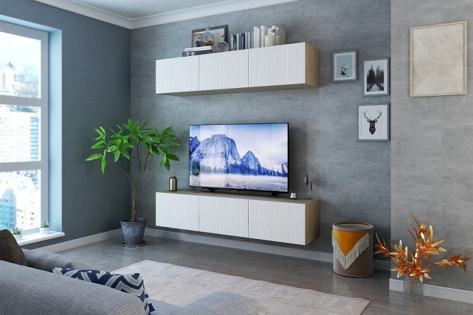 Изображение товара Гостиная Оскар с тумбой под ТВ и шкафом с дверцами с push-to-open, волна тальк / дуб сонома