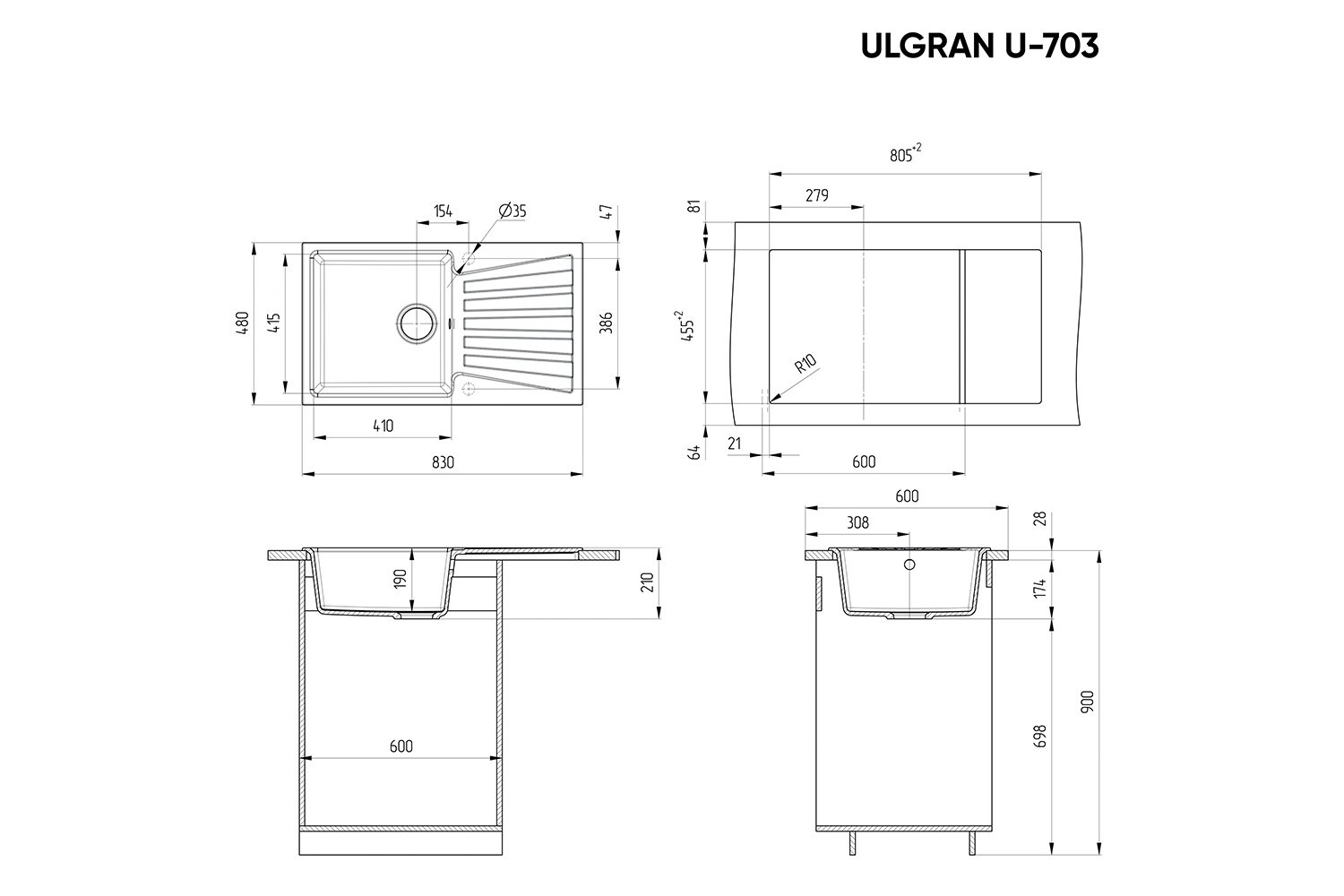 Мойка врезная с крылом ULGRAN u-703 302 83х48х19 см