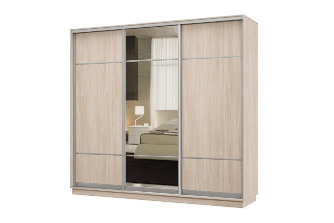 Изображение товара Шкаф-купе 3-дверный Практик 60 240x240x60 см, ясень шимо светлый, профиль серебро, с одним зеркалом