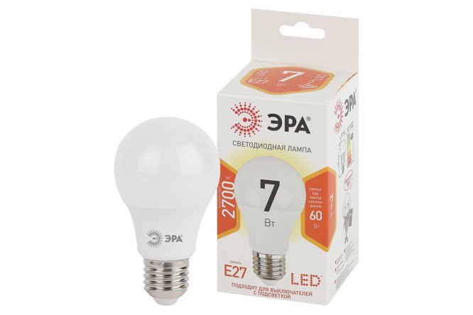Изображение товара Лампа светодиодная ЭРА Std led A60-827 E27, 7W, Груша, 2700 К, Тёплый