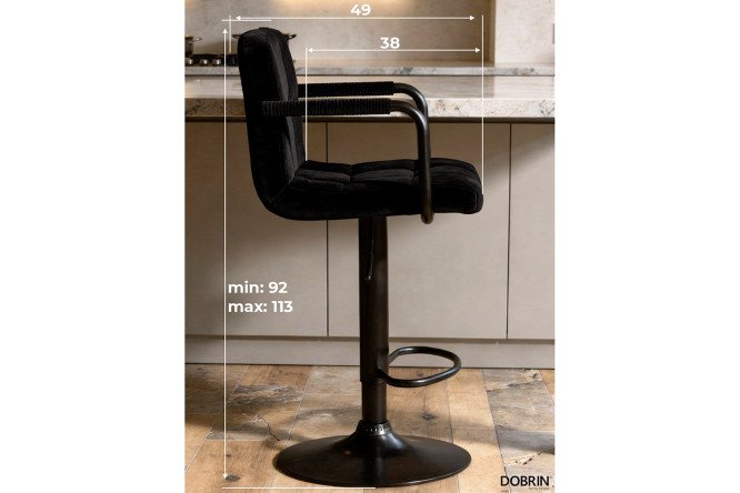 Барный стул DOBRIN Kruger Arm Black с подлокотниками 51х92х49 см, цвет обивки чёрный, ножек чёрный