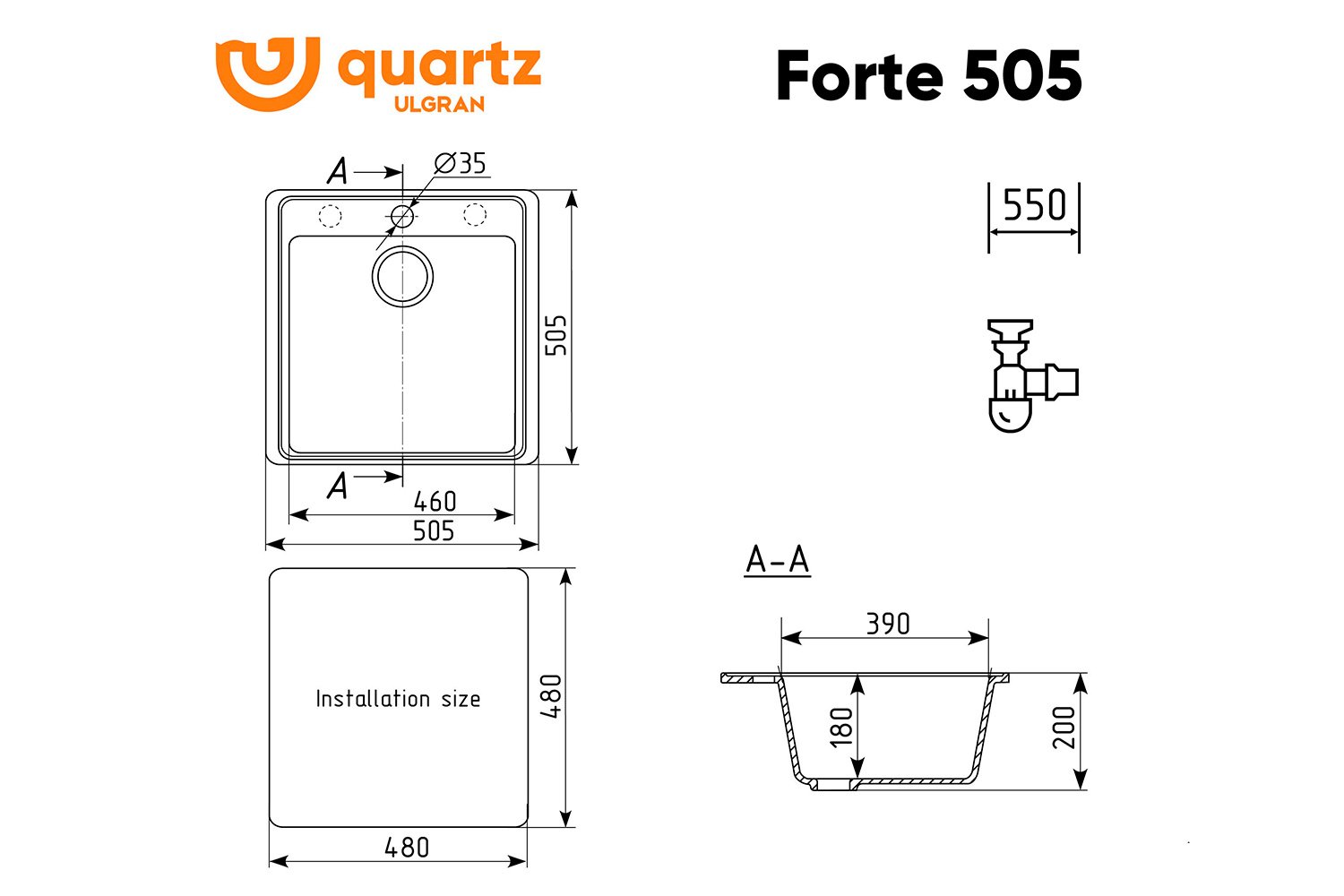Мойка ULGRAN Quartz Forte 505-02 50.5х50.5х20 см