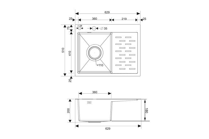Мойка врезная с дозатором и крылом РМС MRK 6350BL-L 63х50х18 см