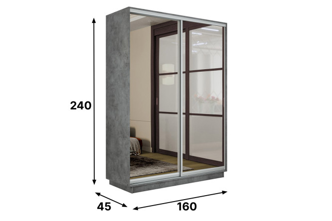Шкаф-купе 2-дверный Slide-2 v.2 160х240х45 см, бетон/серебро, с двумя зеркалами