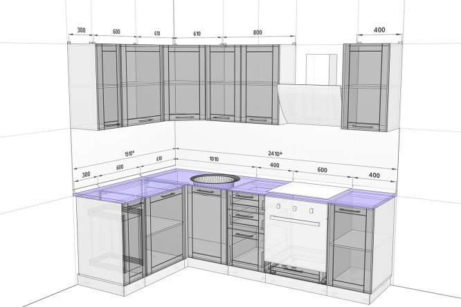 Чертеж угловой кухни с размерами всех шкафов