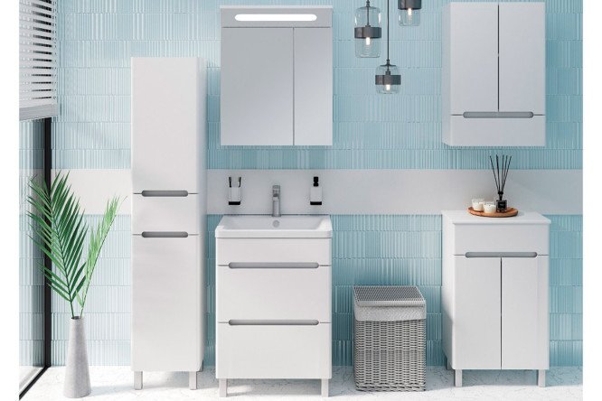 Изображение товара [Группа мебели] Парма Мебель для ванной Белый - раковина 60x15, 5x45, 5 см, тумба 58, 2x80x44, 9 см