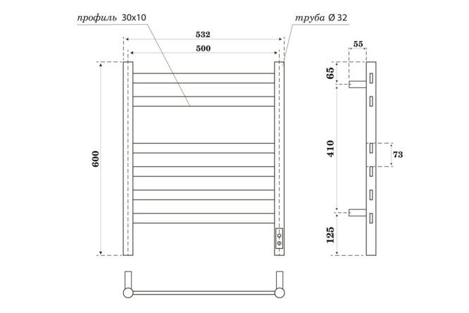 Фото 3 Полотенцесушитель электрический POINT Селена П6, черный PN16856B 53.2х60 см