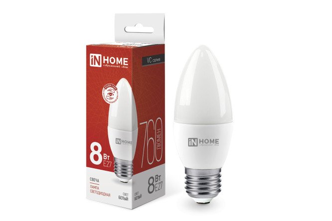 Изображение товара Лампа светодиодная IN HOME Vision care LED-СВЕЧА-VC E27, 8W, Свеча, 4000 К, Естественный