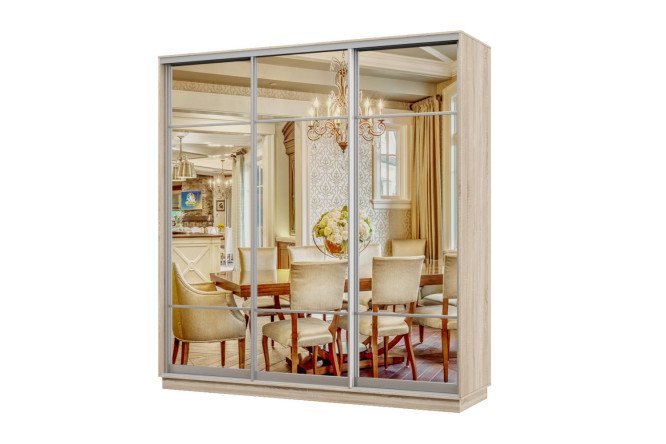 Изображение товара Шкаф-купе 3-дверный Практик 34 210x220x60 см, дуб сонома, профиль серебро, с тремя зеркалами