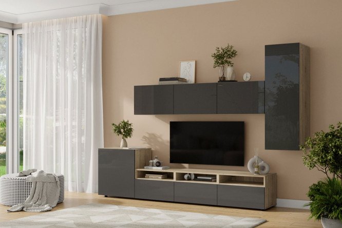 Изображение товара Гостиная Оскар Амика 5 дверей и 3 ящика с push-to-open, дуб сонома / черный графит глянец