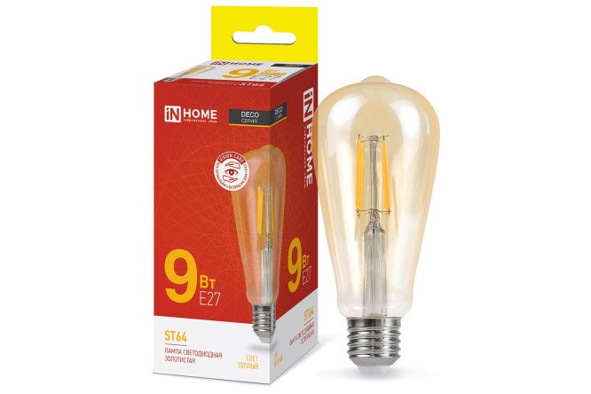 Изображение товара Лампа светодиодная IN HOME Deco LED-ST64-deco gold E27, 9W, Груша, 3000 К, Тёплый