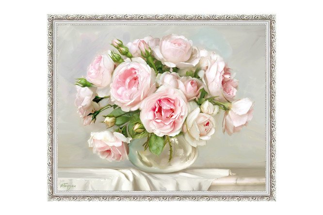 Изображение товара Репродукция в раме Розы в хрустальной вазочке 47х57 см