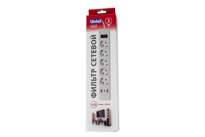 Фото 9 Сетевой фильтр Uniel Standard S-GSR5-3 U2C1 WHITE/GREY с заземлением 3 м