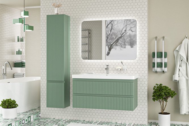 Изображение товара Ванный гарнитур Виктори 105 подвесной, пенал левый цвет фасада зелёный, каркаса зелёный