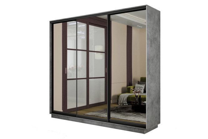 Изображение товара Шкаф-купе Slide-2 v.2 210x220x60 см, 3 зеркала, бетон/чёрный профиль