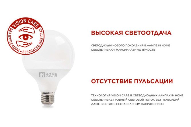 Лампа светодиодная IN HOME GL95-VC E27, 20W, Шар, 4000 К, Естественный